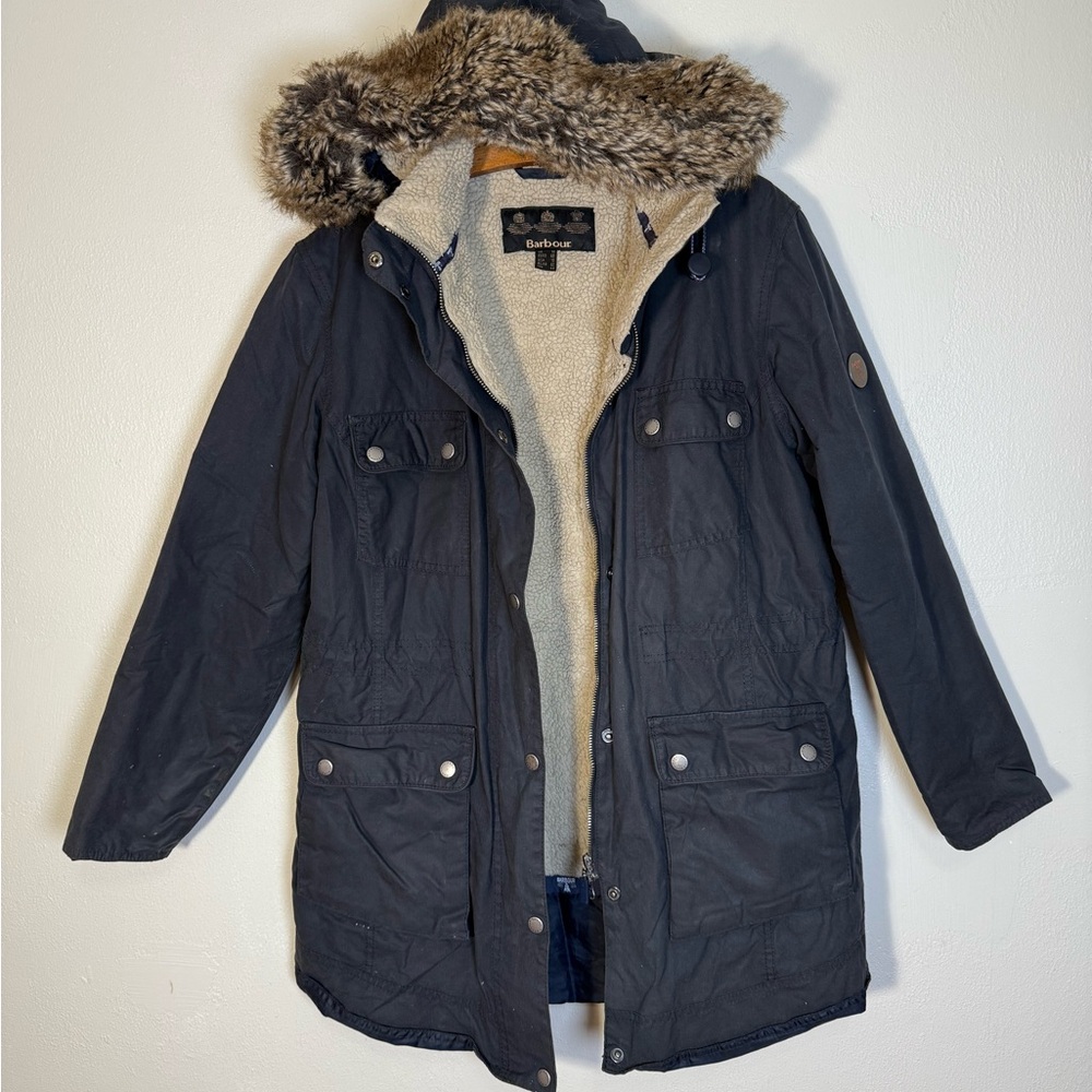 Barbour Carribena Wax Jacket US10 UK14 Black Coat Detachable Fur Fleece Lined - Picture 5 of 14